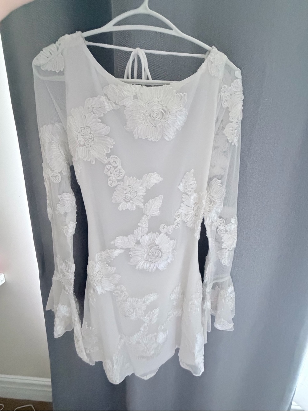 White Embroidered Mini Dress with Sheer Long Sleeves